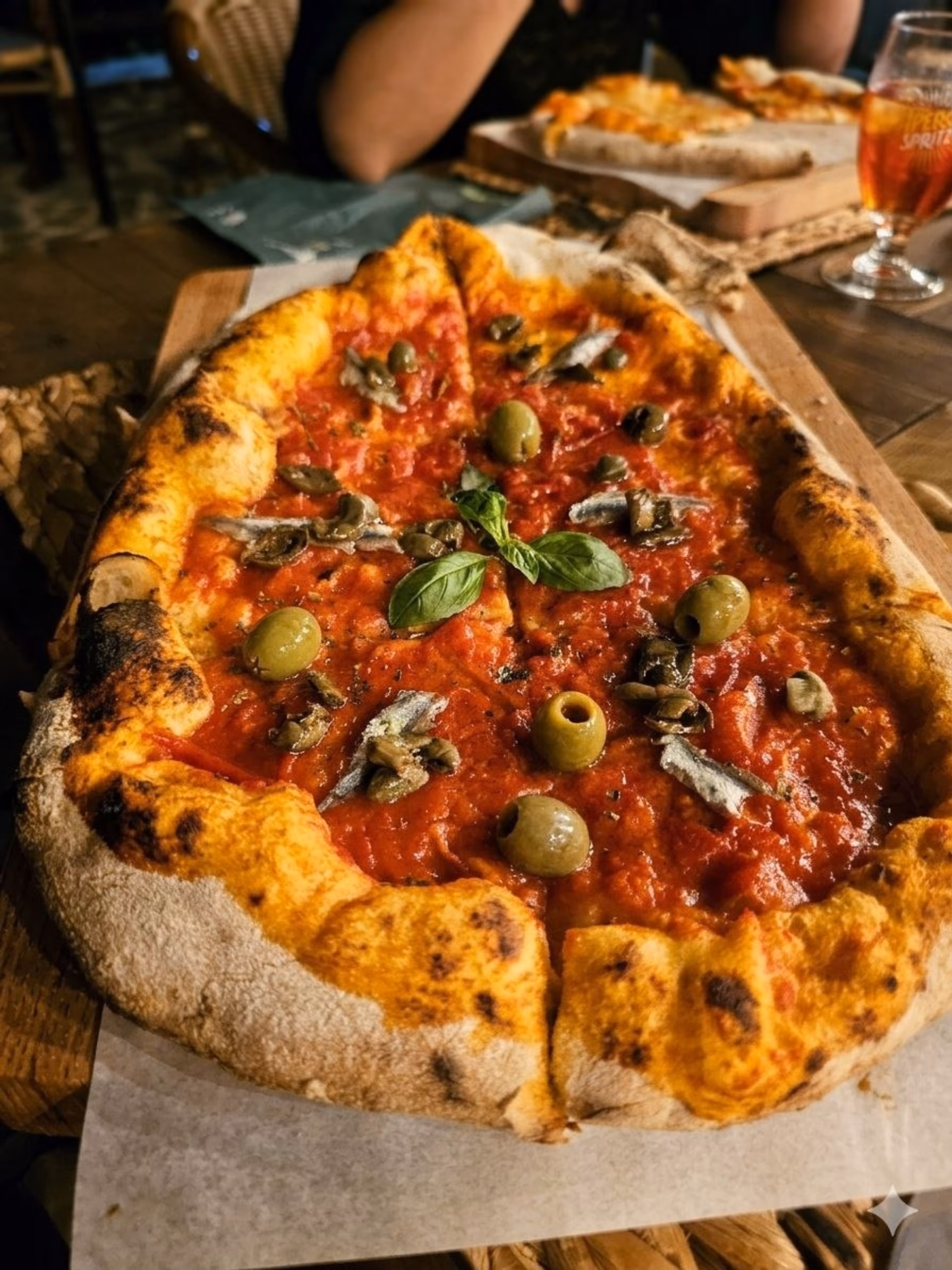Ammaccata cilentana con tomate, anchoas, aceitunas y albahaca servida sobre una mesa de madera