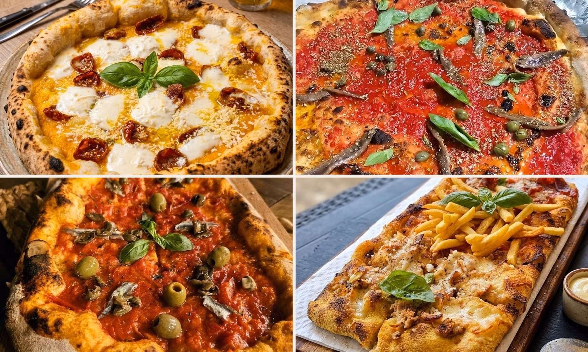 Collage aus vier Pizzen aus dem Cilento, zwischen modernen Teigen, Marinara und Pizza in Pala