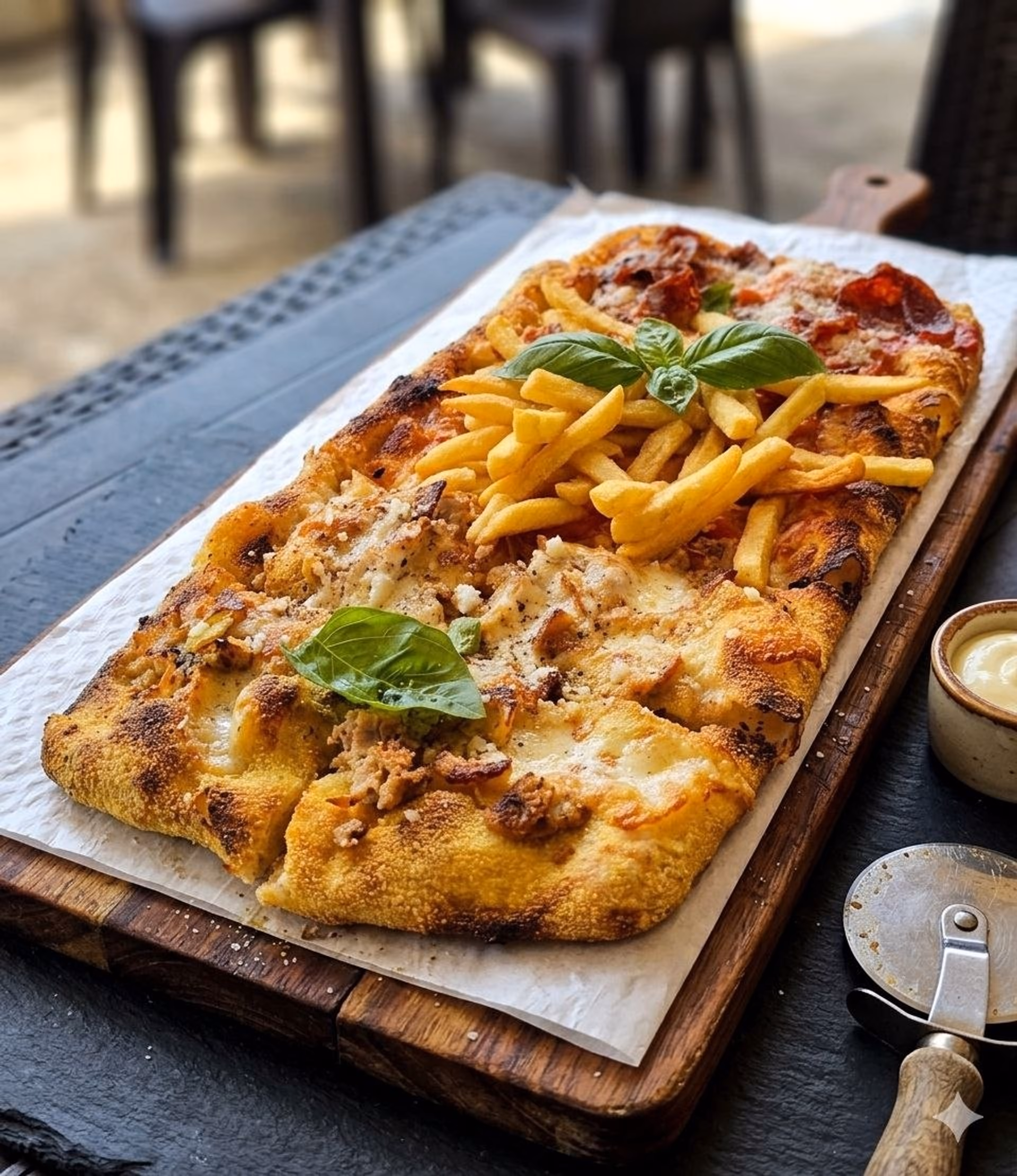 Pizza in pala de La Scostumata con masa de harina de maíz, patatas fritas y toppings cremosos
