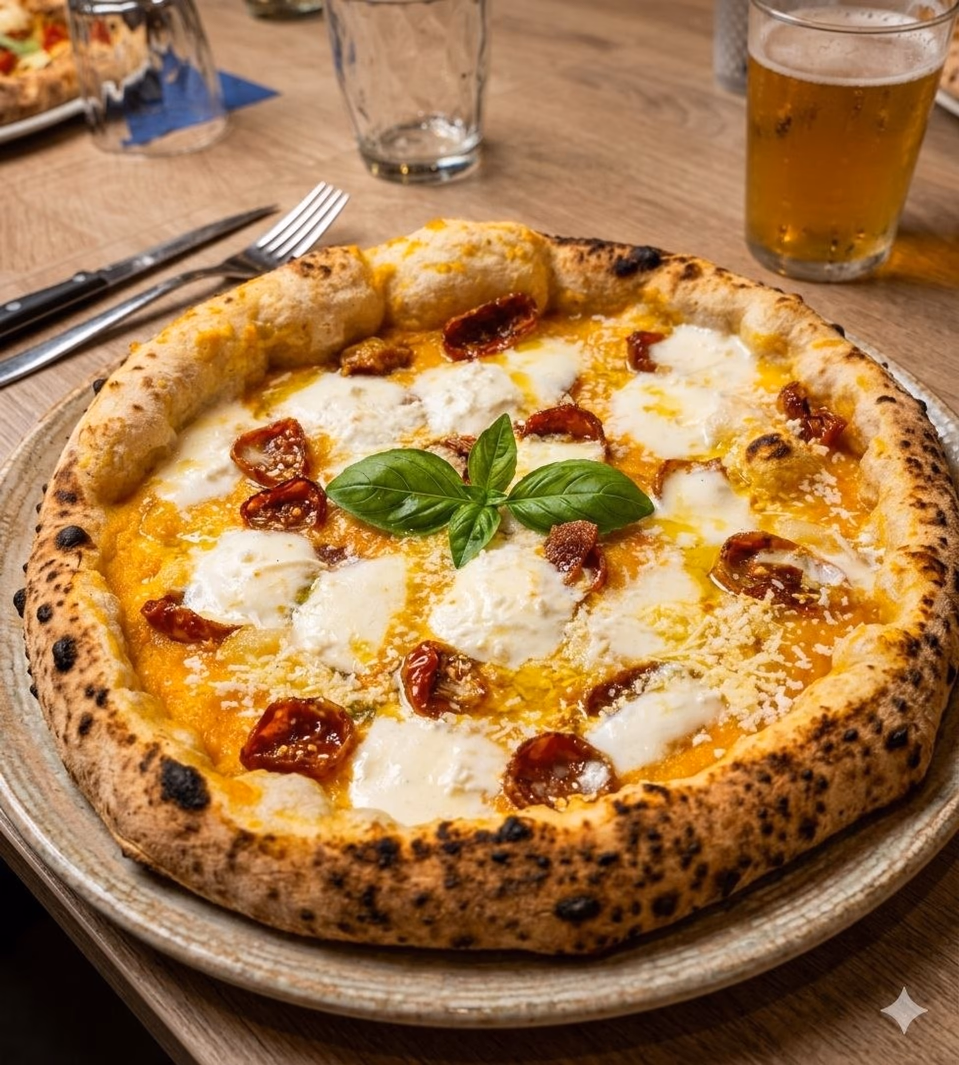 Pizza gourmet de Stratto con crema anaranjada, mozzarella y tomates secos