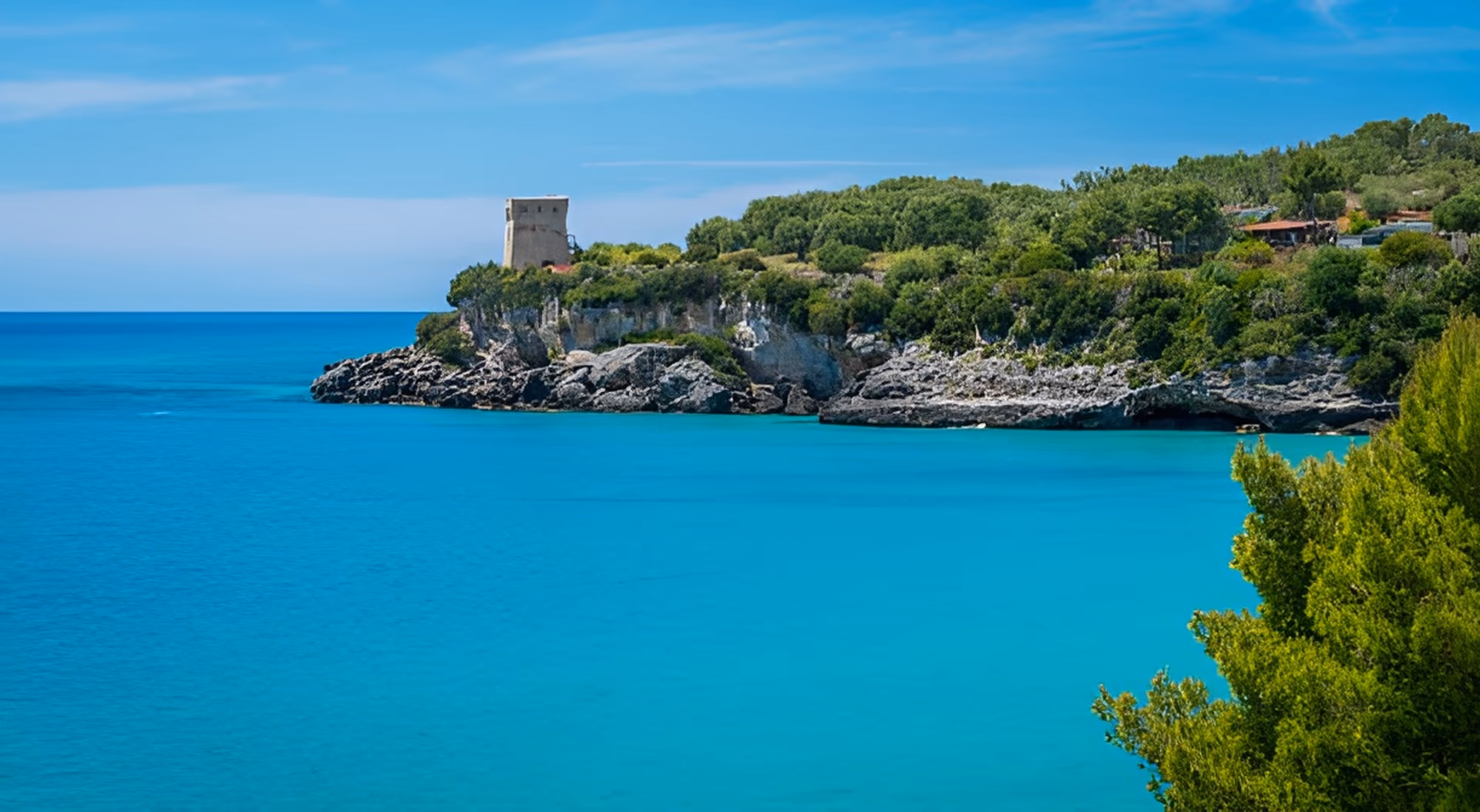 A coastal tower at sunset near Marina di Camerota